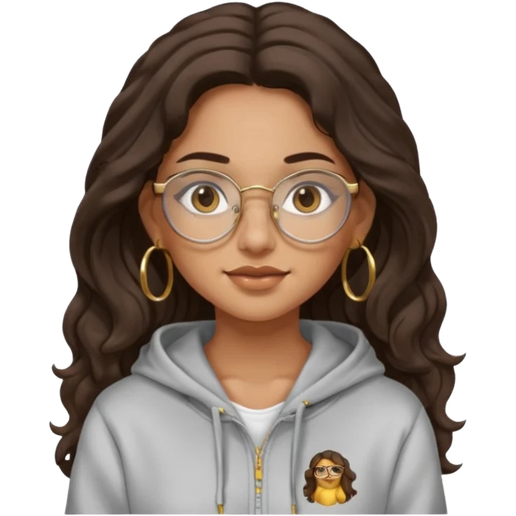 Make a girl with dark brown wavy hair and brown eyes she's tan latina and she has clear glasses and small hold hoop earings make her hair longer and her a hoodie emoji