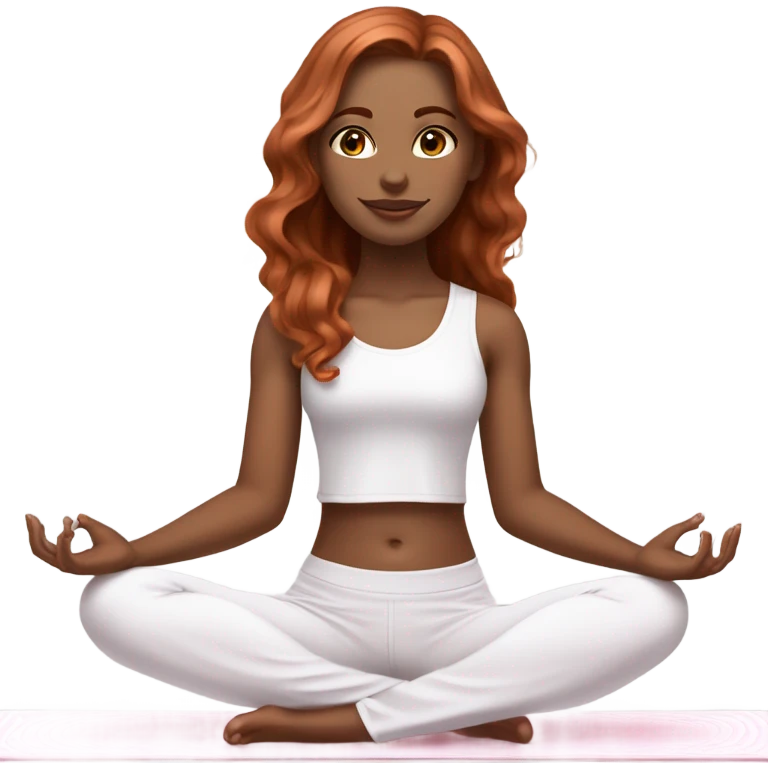 Girl with pale skin, dark brown eyes, medium length wavy copper hair wearing white shirt and light pink pants doing yoga on white yoga mat emoji