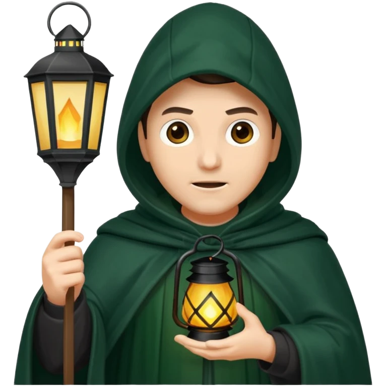traitor tv show, person wearing dark green cloak with hood up who looks evil and is holding up a lantern emoji