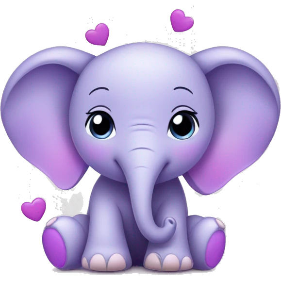 lilac cute baby elephant surrounded by purple hearts emoji