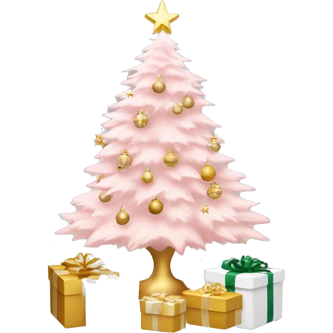 light pink christmas tree with white pot and presents underneath and star and white and gold ornaments emoji