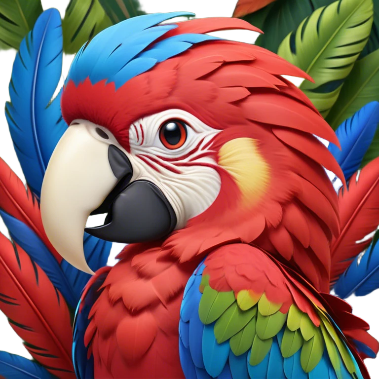 Cinematic Realistic Cute Yawning Macaw Portrait Emoji, Head tilted slightly with a dramatic, wide-open yawn, showcasing a soft, downy arrangement of vivid scarlet and blue feathers with gently drooping features and half-closed, drowsy eyes, rendered with lifelike feather detail and natural lighting, high shine, relaxed yet expressive, styled with a dash of tropical whimsy, soft glowing outline, capturing the essence of a sleepy yet affectionate macaw that appears ready to rest its wings in a quiet, enchanted moment! emoji