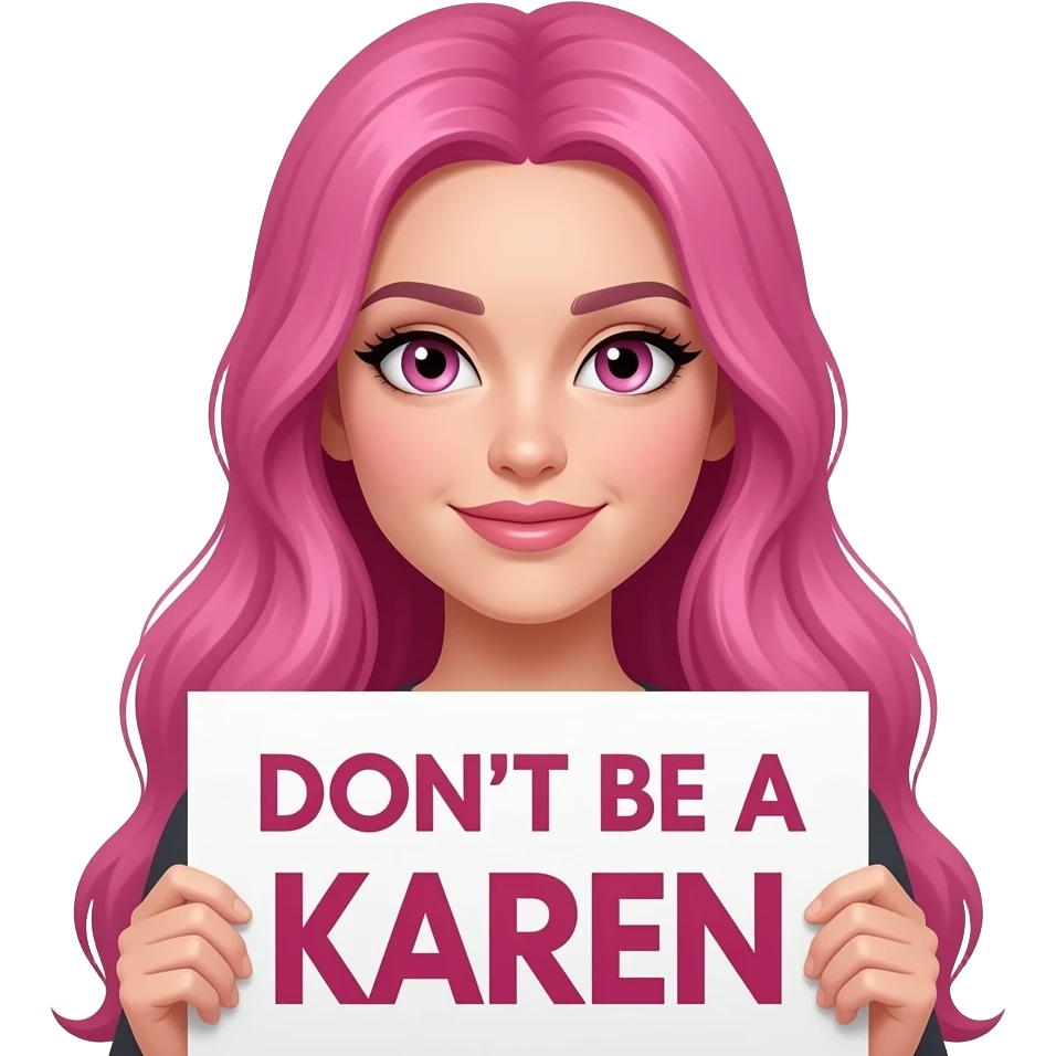 sexy girl with long pink hair and pink eyes holding a DON'T BE A KAREN sign emoji