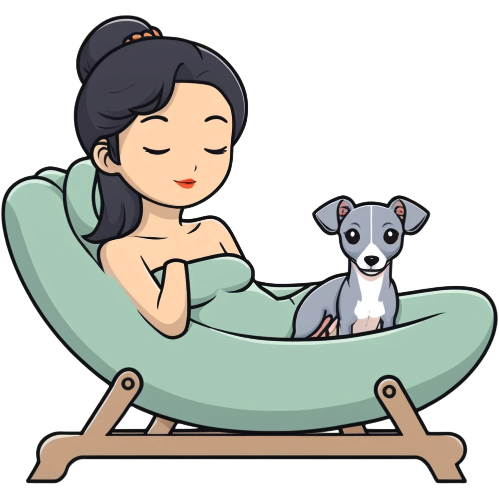 Very thin Chinese woman with long black hair relaxing on a spa lounger with exactly ONE Italian greyhound. CRITICAL REQUIREMENT: the dog must be ONLY ONE SOLID GREY COLOR from nose to tail with NO WHITE or LIGHT AREAS anywhere - NO white face, NO white muzzle, NO white chest, NO white paws, NO white tail tip - NOTHING BUT A SINGLE SHADE OF GREY throughout the entire animal emoji