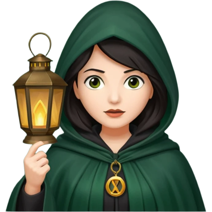 traitor tv show, dark haired woman wearing dark green cloak with hood up who looks very evil and is holding up a lantern emoji
