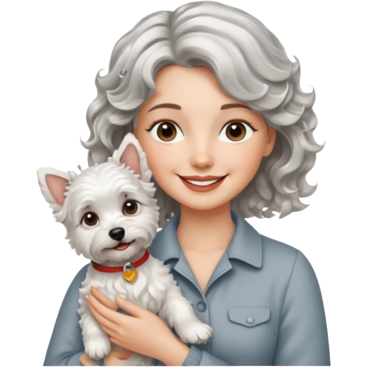 silver, short, wavy-haired with loose curls, smiling pretty lady holding a westie dog emoji