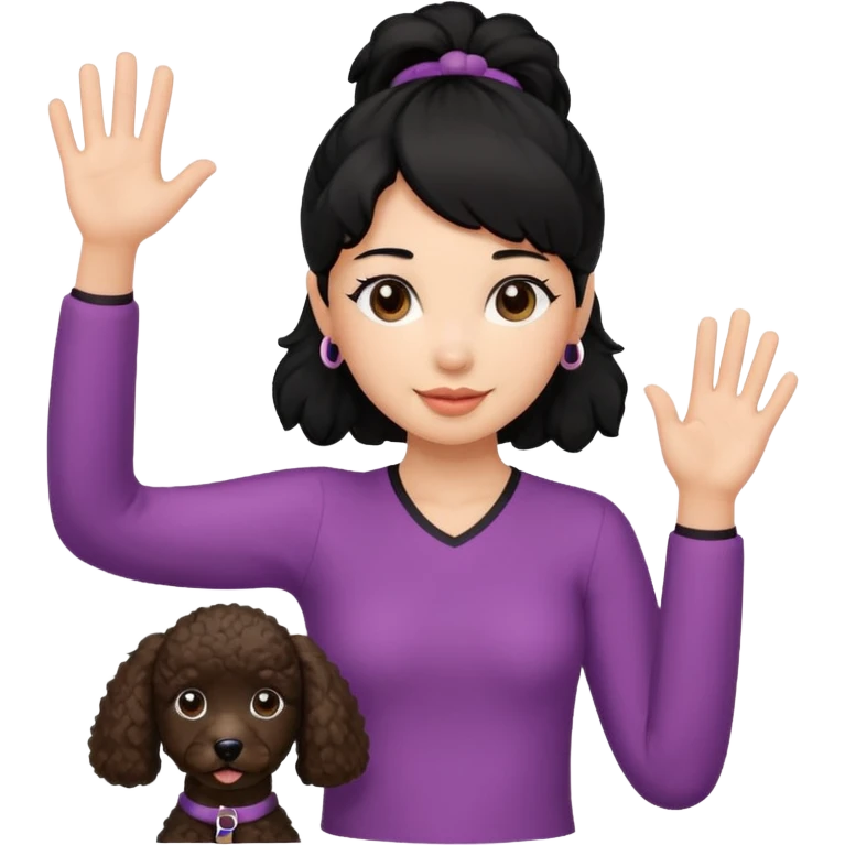 Ponytail black hair girl with brown Poodle say goodbye  emoji