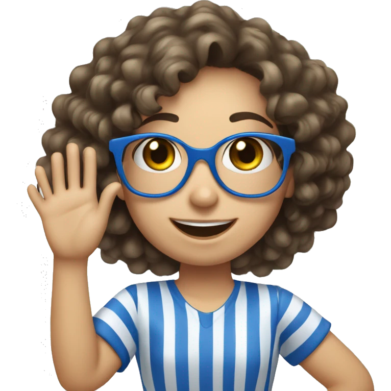 caucasian, curly brunette girl, eyes olive in blue and white striped shirt and blue glasses, waving and smiling emoji