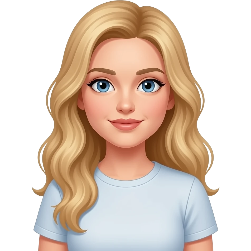 woman, blue eyes, late twenties, blonde hair, long wavy hair, tshirt emoji