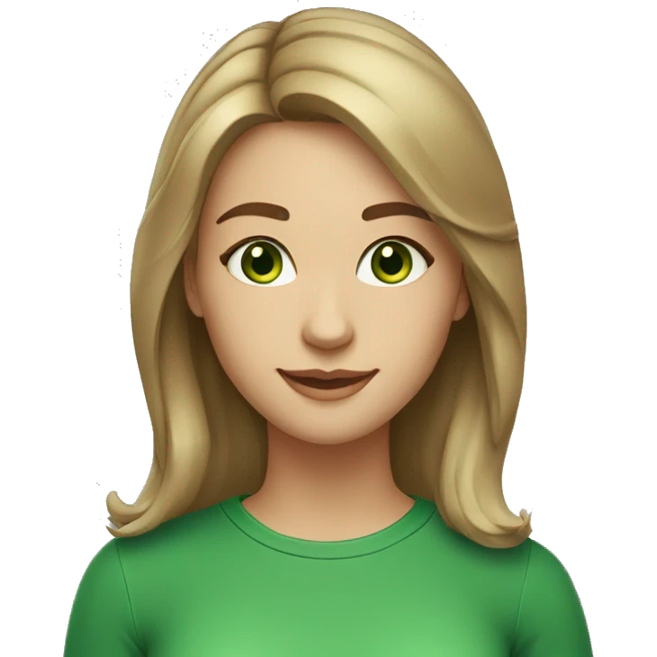 a 25-year-old girl with dark blonde mid-lenght hair with green eyes, smiling emoji