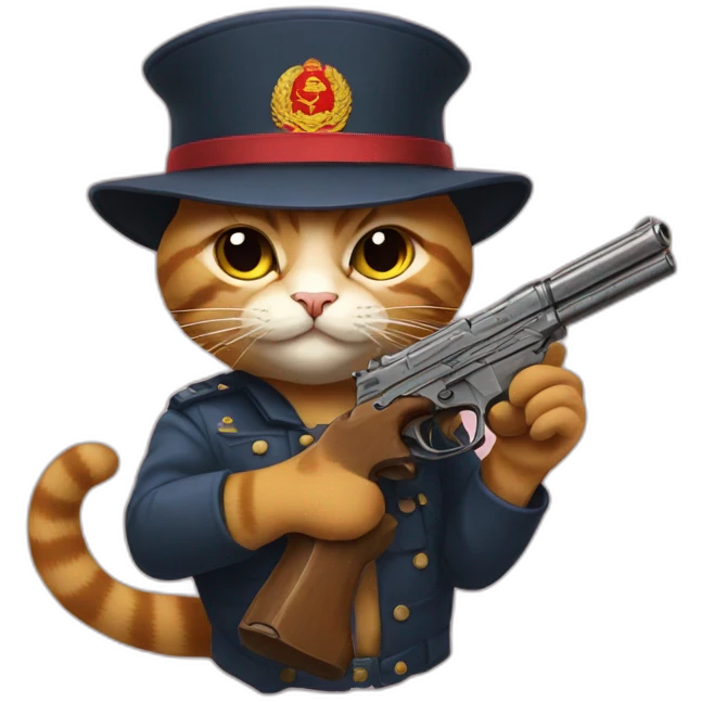 Cat holding a gun with soviet hat on emoji