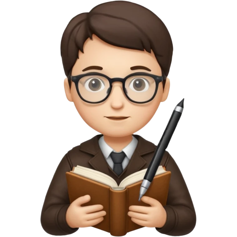 writer holding pen in hand and closed book in other hand, wearing glasses emoji