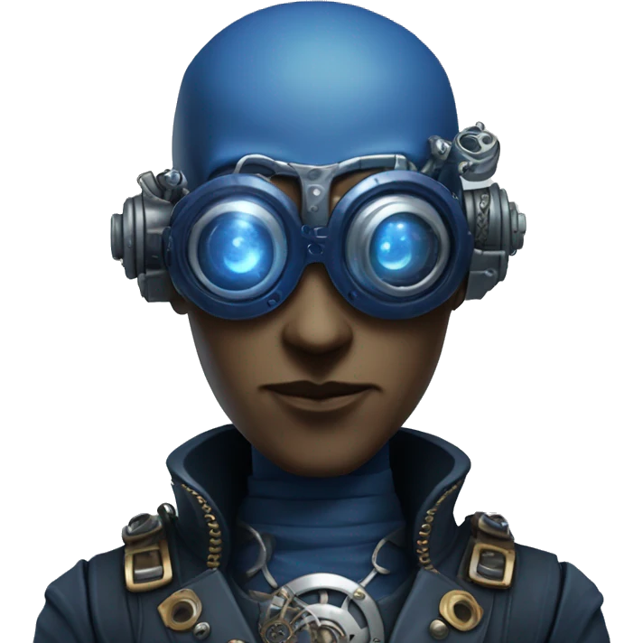Bald cyborg head with dark blue steampunk goggles and dark blue Mohawk  emoji