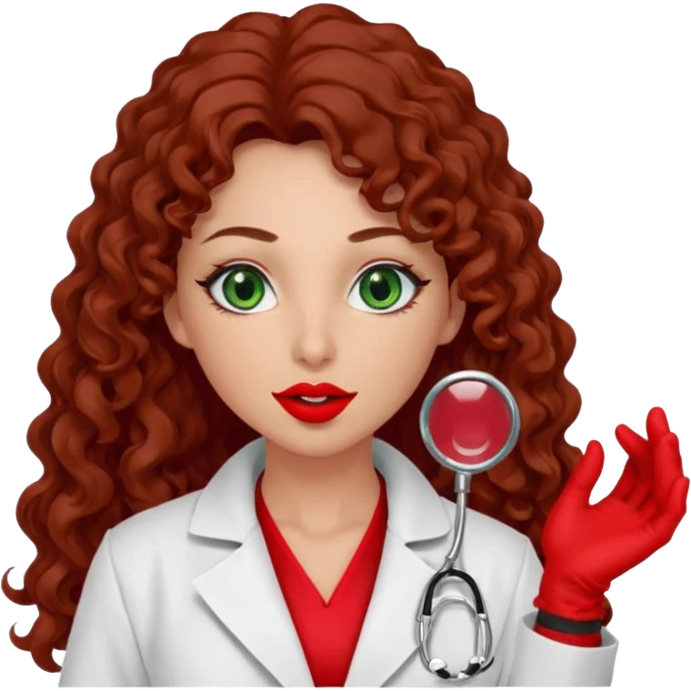 Lilith symbol sexy evil woman. She has green eyes.  had brown long curly hair.  evil surgeon kills with scalpel wears red sexy doctor coat with red mouth cover red gloves. Covers nose, neck  and mouth with Muslim red berka emoji
