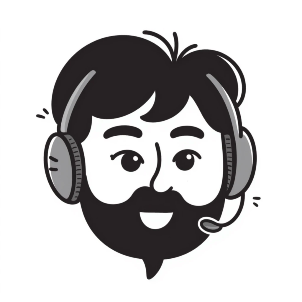 a person with black hair, brown eyes, and a black beard wearing a gaming headset saying "mdr" emoji