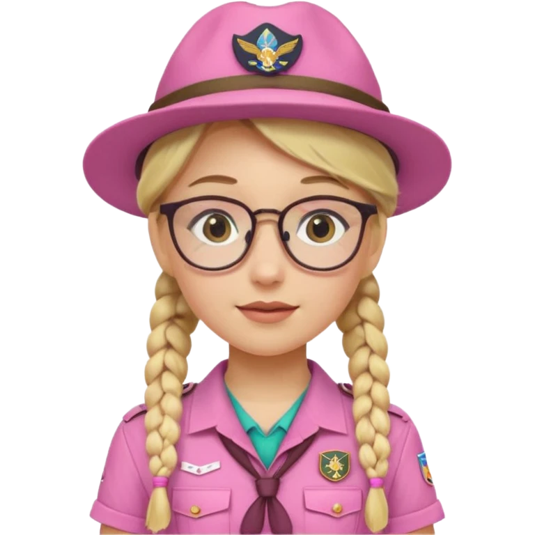 scout girl with pink scout uniform including hat, blonde braided haired and glassess emoji