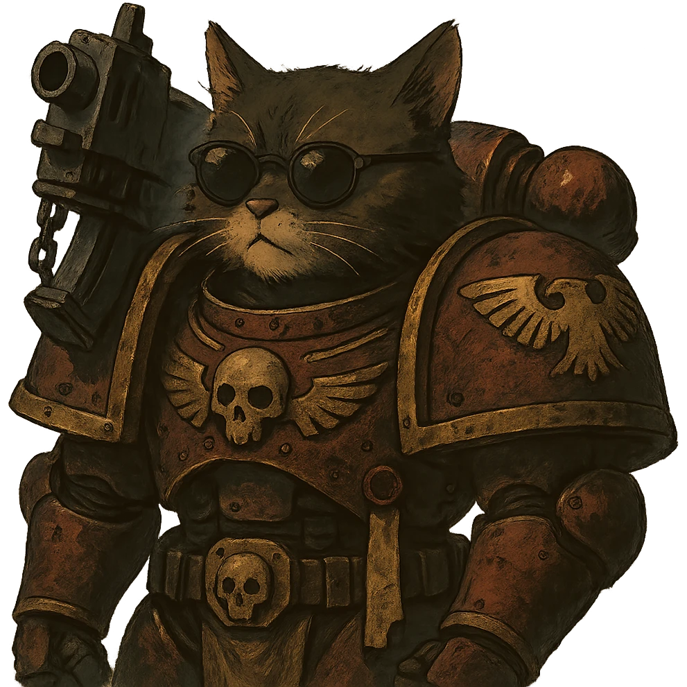 cat in sunglasses, Warhammer 40,000 inspired, dramatic ghibli style illustration emoji