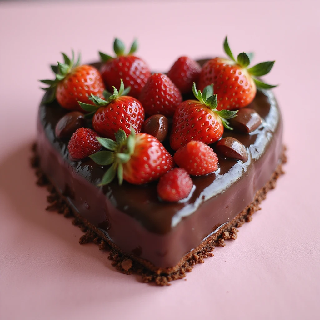 realistic heart-shaped strawberry chocolate cake, photorealistic style emoji