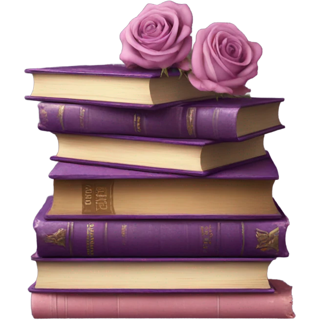 An aesthetic stack of vintage books in various shades of purple with dried pink roses. emoji