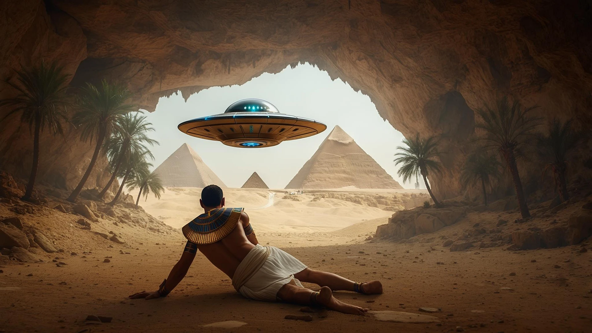 cinematic still, documentary photography, acient egypt, back shot of a man dress in ancient clothes in cave on ground laying front of small ufo starship, palms, dynamic scane, leading lines, captured by arri alexa, depth layers, piramids in babckground emoji