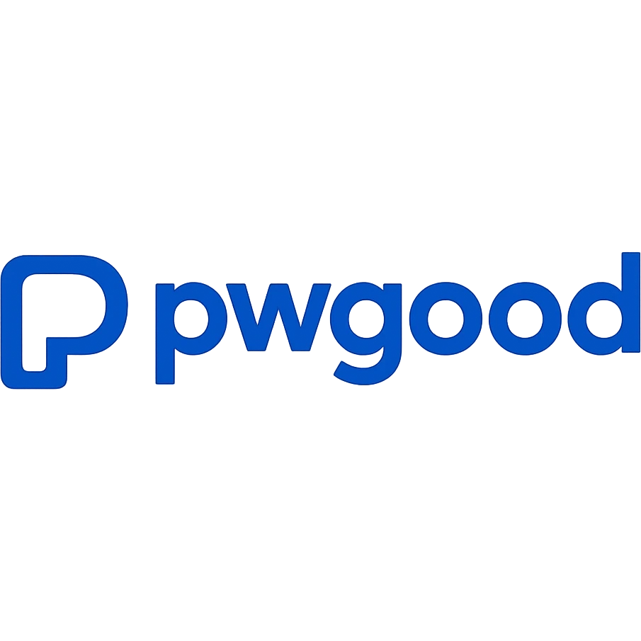 modern logo for 'pwgood' with bold sans-serif lettering, blue and white color scheme emoji