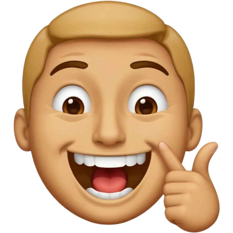 A smug-looking emoji with a wide, crooked grin and half-closed eyes, giving a cocky vibe, whilst mewing with his white hand pointing at his sharp jawline, showcasing a "sigma" look. emoji