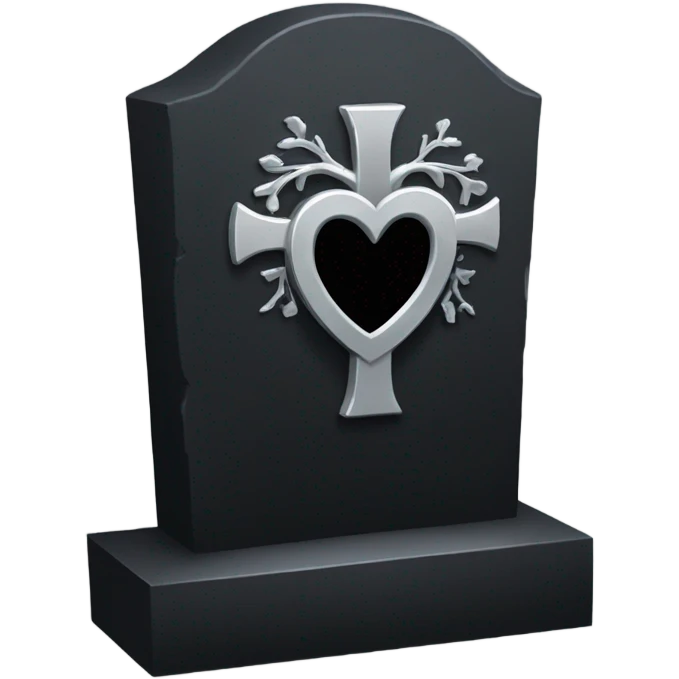 a black tombstone with the inscriptions in silver RIP and a silver heart emoji