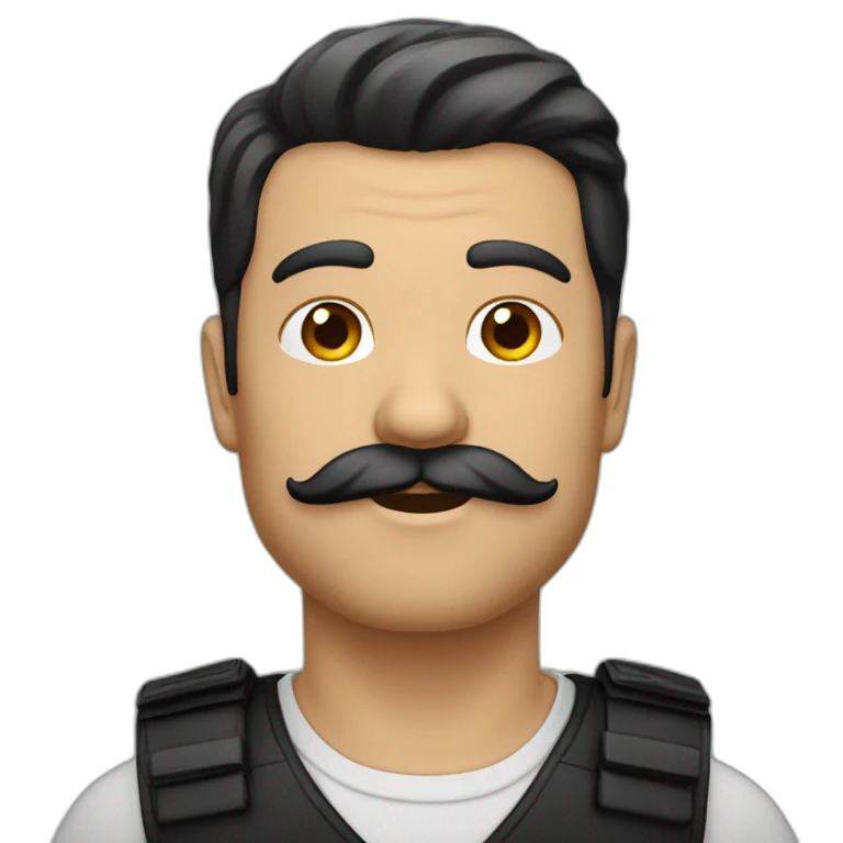 Un homme blanc cheveu noir et moustache noir et cheveux noir plaqué emoji