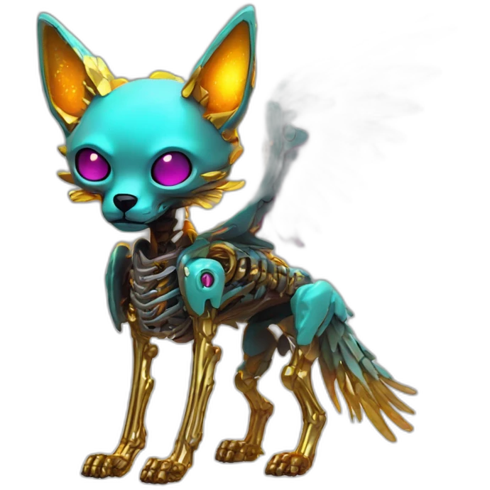 Melting Neon and gold Zombie skeleton fox with wings and prosthetic leg  emoji