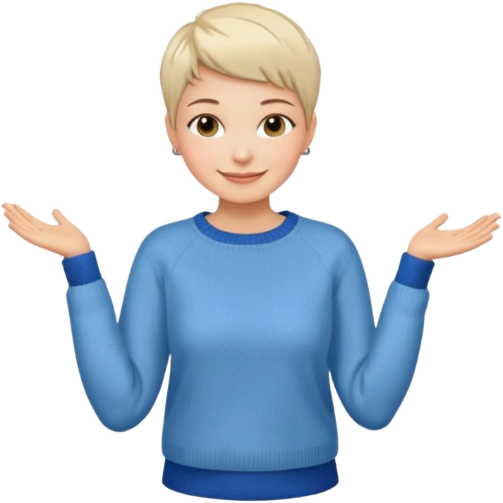 woman sitting chair short pixie hair jeans sweater smile  emoji