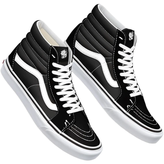 Pair of black Vans Sk8-Hi sneakers clearly arranged with one directly behind the other, high-top skate shoes with white jazz stripe, black canvas upper, white stitching, white rubber sole emoji