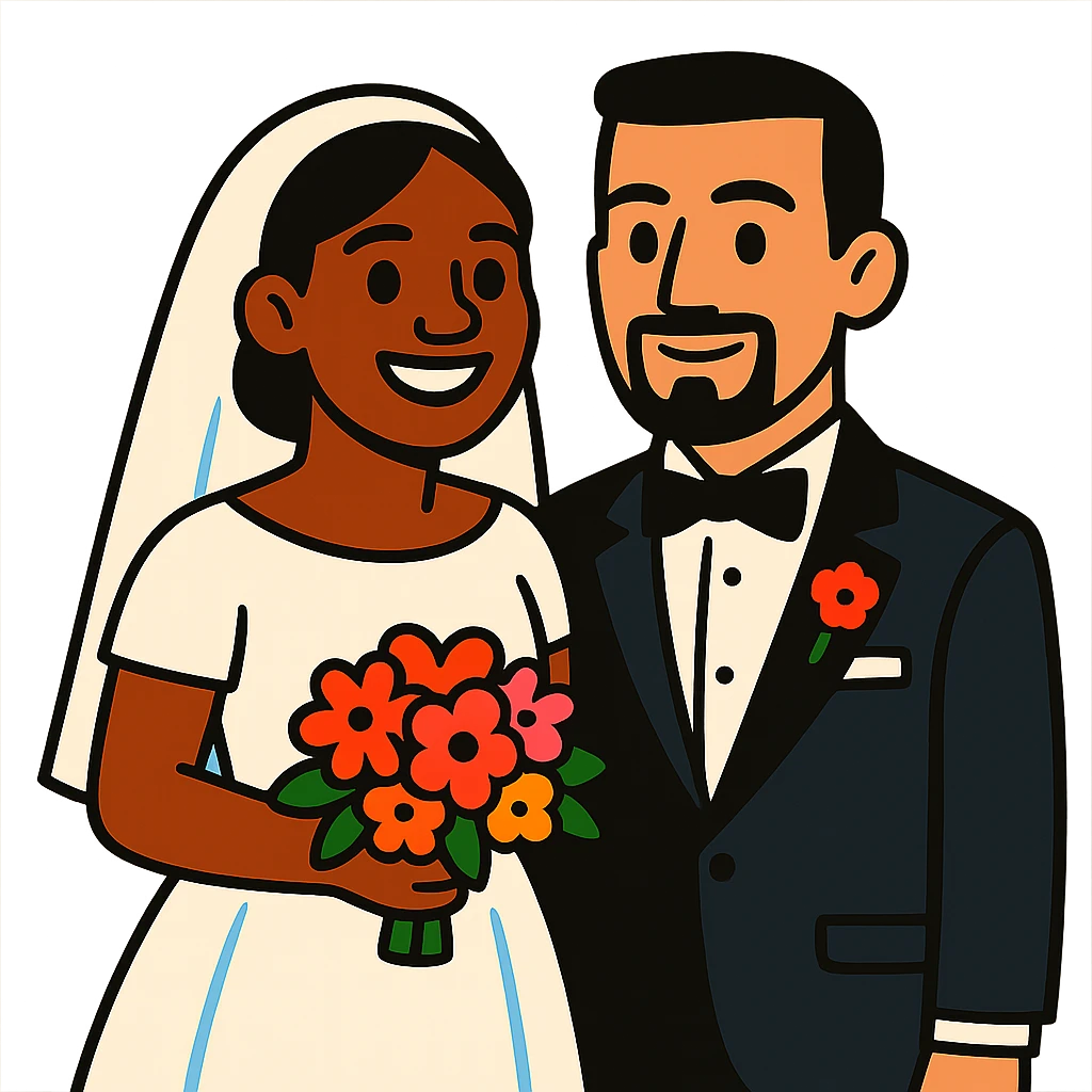 light-skinned African American bride and light-skinned groom with black goatee in a tuxedo emoji