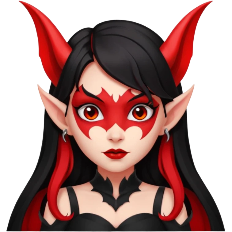 demon girl, skin red , black long hair, small horns, pointed ears, bat wing, black open-back dress, bold black outlines, red+black palette emoji