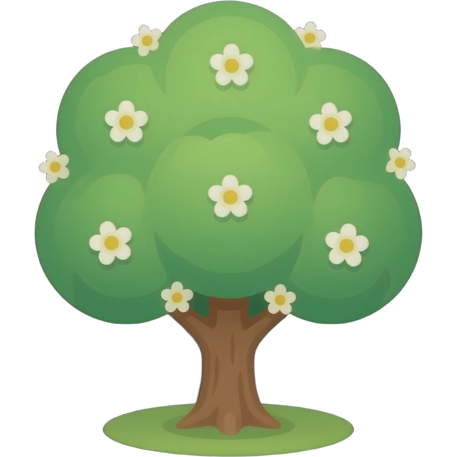 Apple-style blooming tree, round soft green canopy. No pot, no ground — only the tree. Small white and yellow flowers inside the leaves. Flat 2D vector, clean shapes, no gradients. Dark near-black background, premium fintech icon. emoji