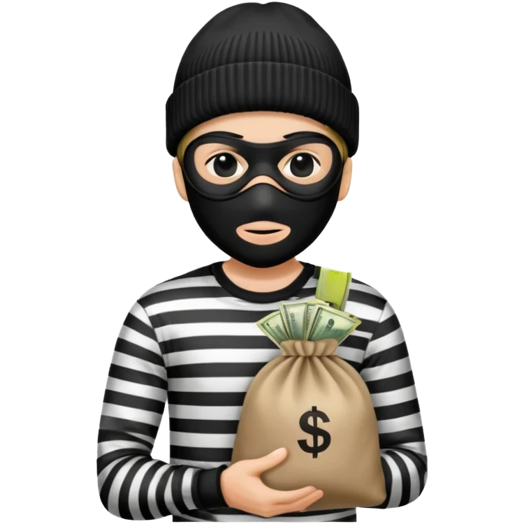 burglar with black and white striped shirt, black beanie, black mask over eyes, holding a moneybag emoji