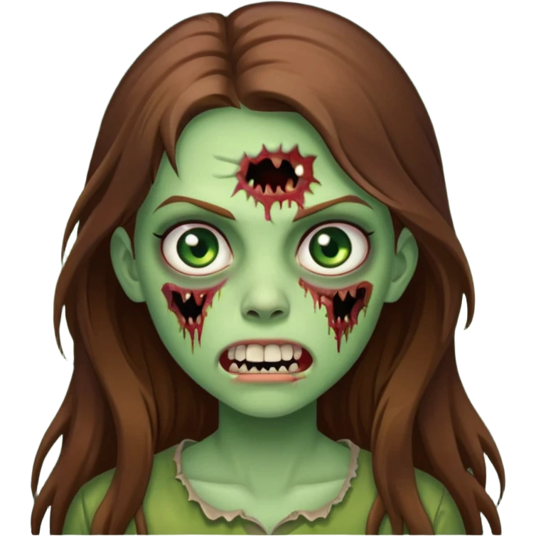 Girl zombie with brown long hair with teeth and serious face IOS style emoji