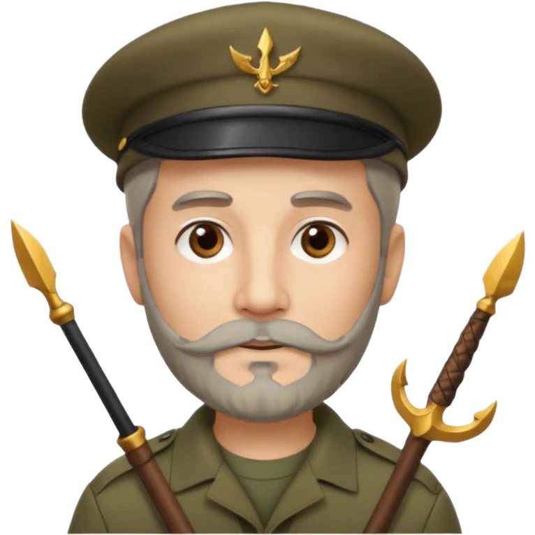 A man in military khaki beret with trident on cockarde with grey beard and brown eyes. emoji