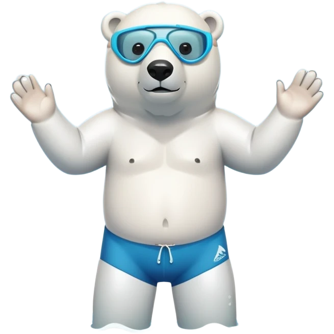 friendly anthropomorphised polar bear standing in a puddle of water, wearing loose board shorts, scuba mask over eyes, inflatable swimming armbands emoji