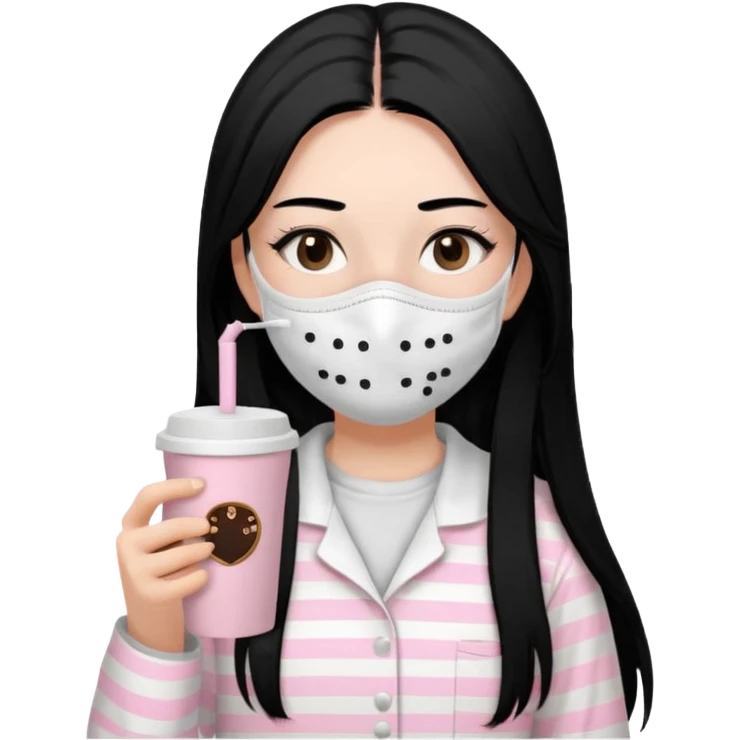 chica de pelo lacio color negro cabellera larga piyama blanca con rayas rosa claras peo no tan claras no oscuras el bordado es negro al igual que los botones )tiene una mascarilla para la carablanca y sostiene y cafe con bolitas nedras al dondo con unsorbete tranparente y es de test blanca  emoji