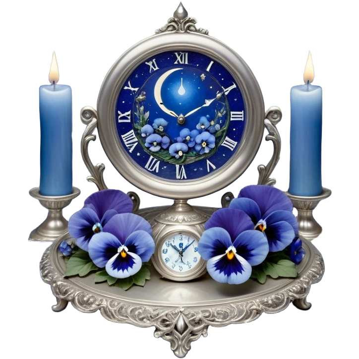 An enchanting, mystical setting where blue pansies, tinged with streaks of light blue, bloom beneath a radiant silver crescent moon. A pearl-colored candle stands on an ornate silver plate, its wax melting into swirling patterns resembling planetary orbits. The background features an astrological clock, its delicate hands tracing cosmic cycles as faint zodiac constellations shimmer against a twilight sky. Floating celestial charts inscribed with ancient symbols weave through the air, illuminated by the soft blue glow of distant stars. A mystical aura surrounds the scene, as if whispering secrets of destiny and the universe’s grand design. emoji