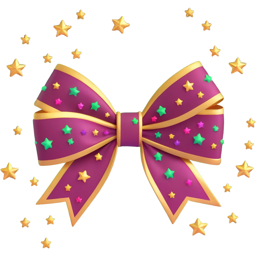 sparkly burgundy bow with gold outline and stars, glowing neon effect emoji