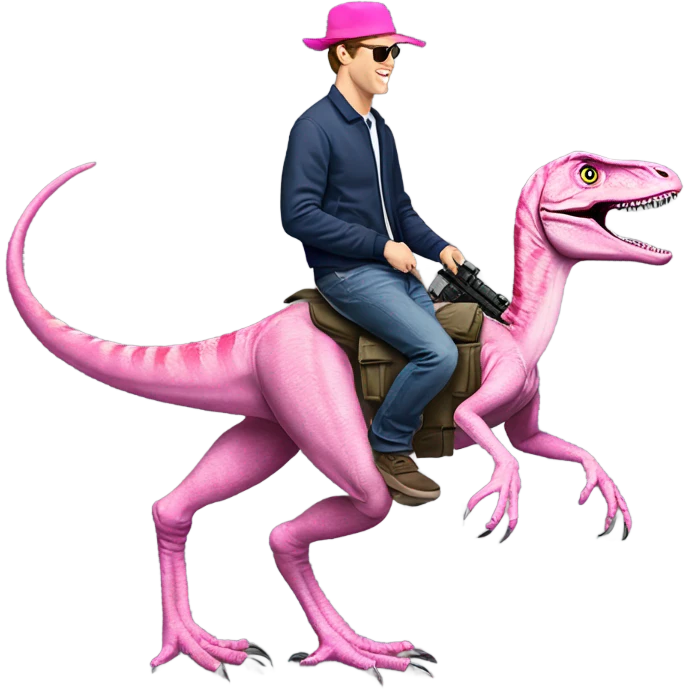 Mark zuckerburg riding a velociraptor with a machine gun with a pink hat that says “gay rights” emoji