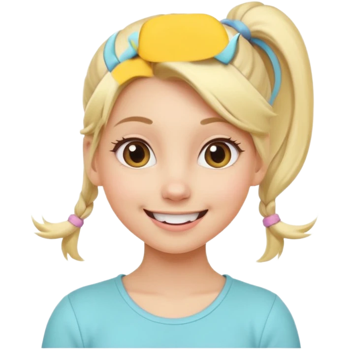 A playful blonde female cartoon character with wide, mischievous eyes, smiling, ponytail, dynamic pose suggesting movement, pastel colors, minimalistic and cute emoji style. emoji