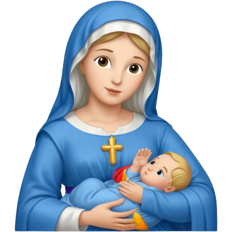 Virgin Mary in blue holding baby Jesus emoji