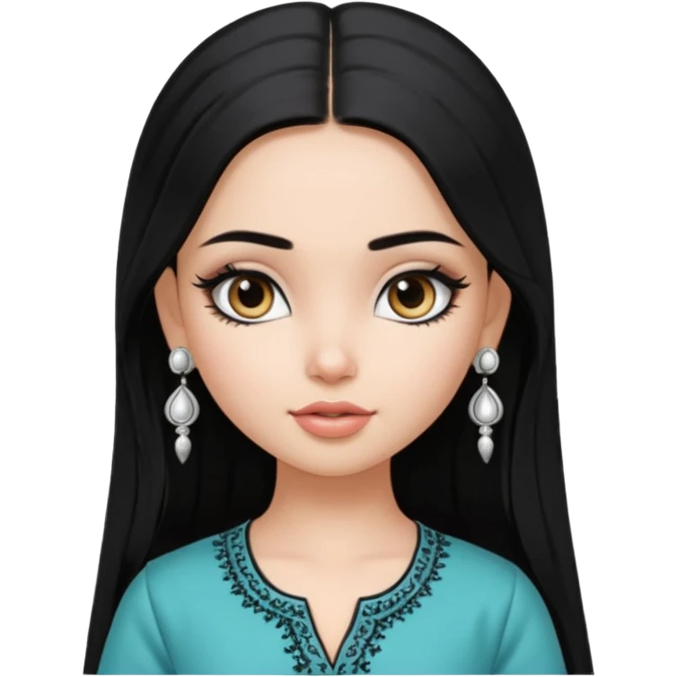 generate a pretty bratz girl wearing a kurti, eyeliner on, long straight hair, silver jhumkas in ear emoji