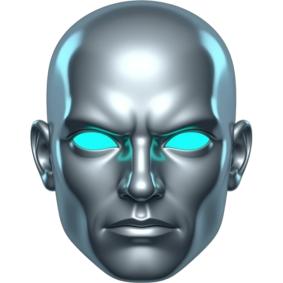 "A polished chrome karate statue head, front-facing, serious focused expression, glowing cyan (#00D4B1) eyes, dark background. Metallic reflections with subtle cyan light accents. Clean, no background, emoji style, high detail. The statue represents discipline, focus and self-mastery." emoji