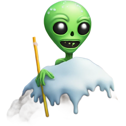 alien with a straw next to a mound of snow emoji