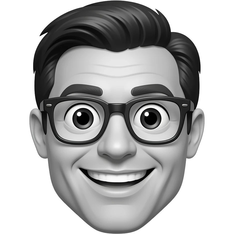 Make an emoji from the attached logo. It should be a guy with glasses. The two central 00s will be the lenses of the glasses. In black and white. The hair is sticking up. A big smile. emoji
