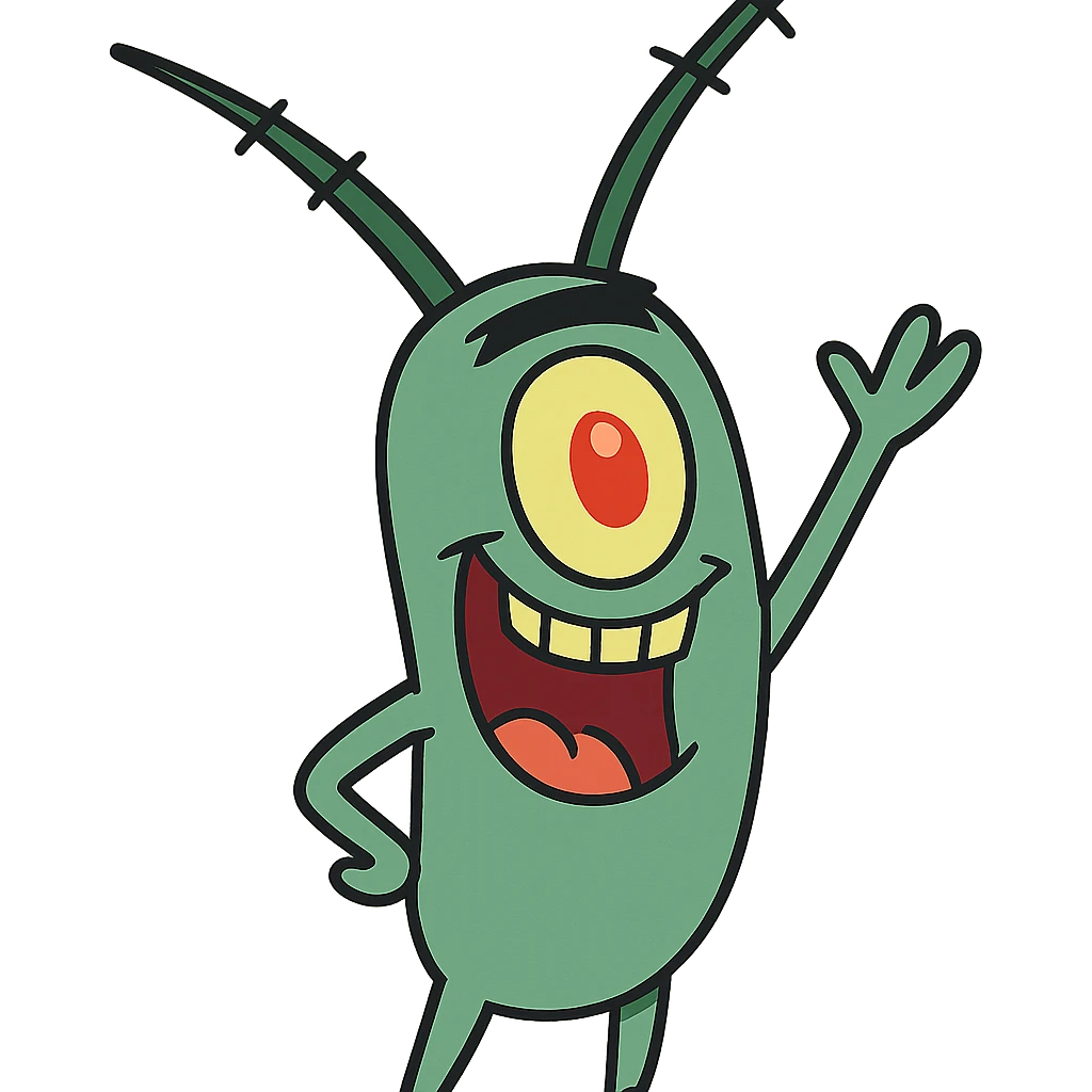 Plankton from Spongebob, waving, happy, green, one eye, cartoon style emoji