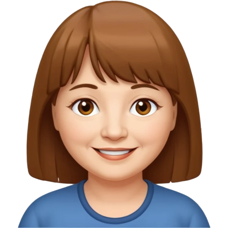 60 yr old woman, very small brown eyes, long straight brown hair, bangs, chubby emoji